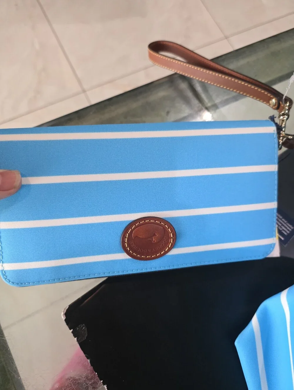 New Striped Blue & White Tote with Brown Trim - Dooney & Bourke